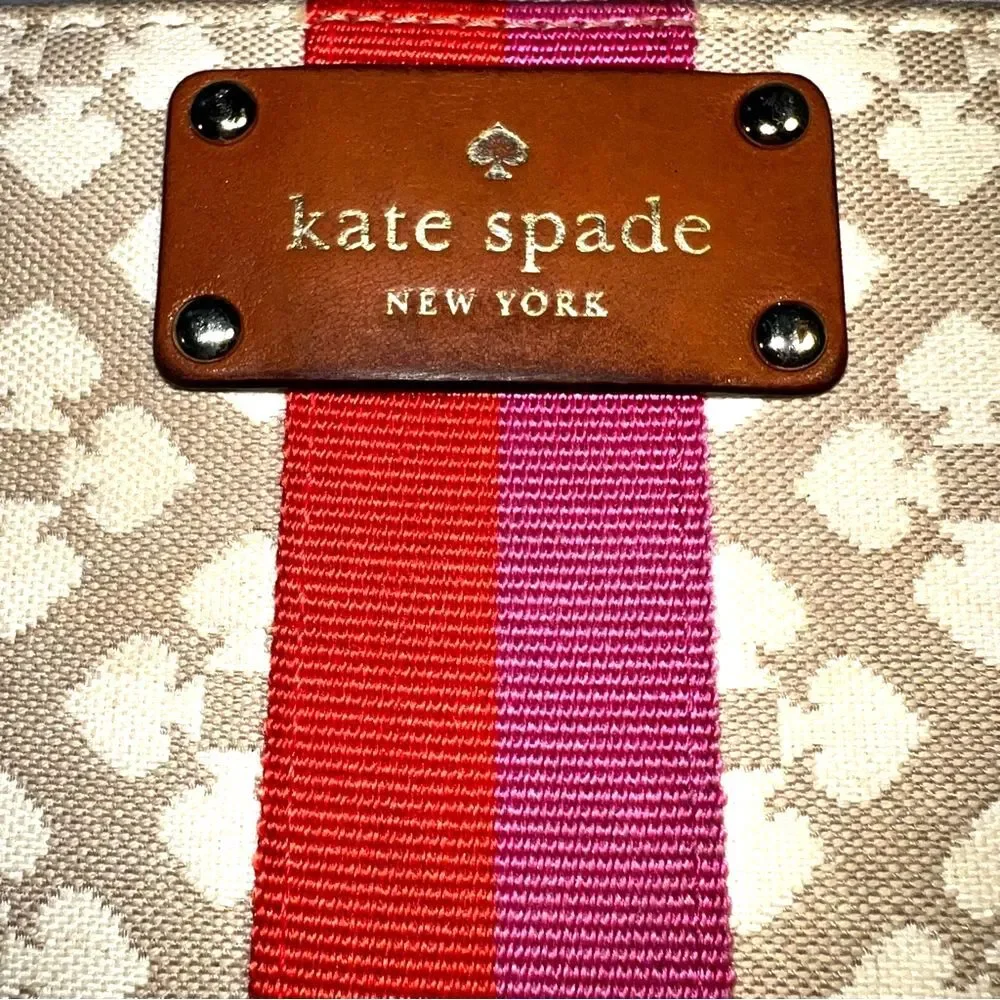 Kate Spade Neda Signature Beige and Pink Stripe Zip Around Wallet